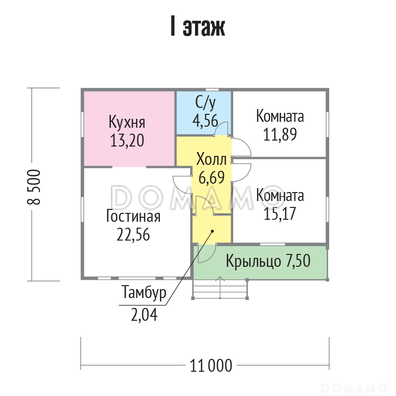 Проект бюджетного каркасного дома с небольшой крытой террасой / План 1 этажа