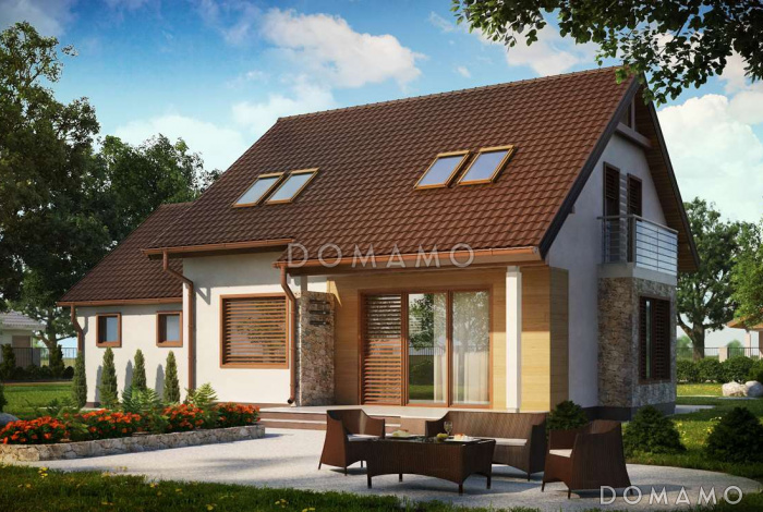 Проект одноэтажного дома из газобетона с жилым мансардным этажом и гаражом 