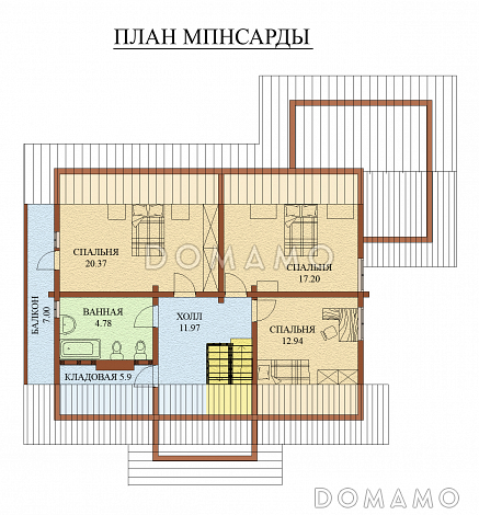Проект дома из оцилиндрованного бревна, с мансардным этажом и зимним садом / План мансардного этажа