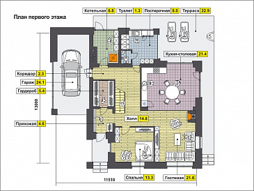Проект дома с гаражом на одну машину, со спортзалом и душевой на втором этаже, большой мансардой / План 1 этажа