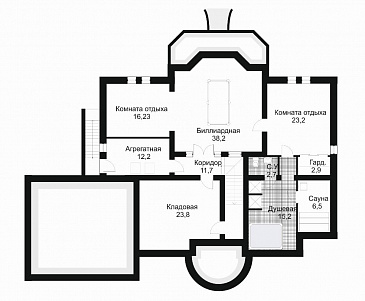 Проект дома с большим круглым эркером / План цокольного этажа