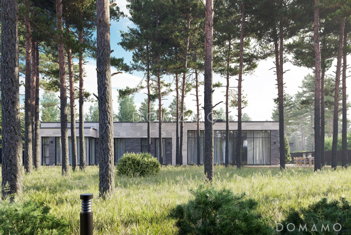 Проект современного каркасного дома с длинной террасой, навесом для автомобиля и тремя спальнями