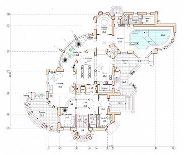 Проект коттеджа с бассейном и зимним садом в стиле северного модерна / План 1 этажа