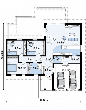 Проект одноэтажного дома из газобетона с просторной гостиной и гаражом на два автомобиля / План 1 этажа