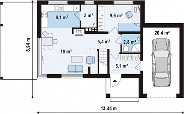 Проект современного двухэтажного дома из кирпича с плоской крышей с кабинетом, гаражом и крытыми террасами на обоих уровнях / План 1 этажа