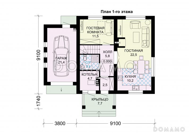 Проект дома из газобетона с мансардным окном / План 1 этажа