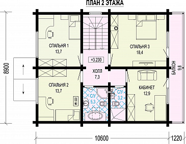 Проект двухэтажного дома из газобетона и бруса с балконом на две комнаты и террасой / План 2 этажа