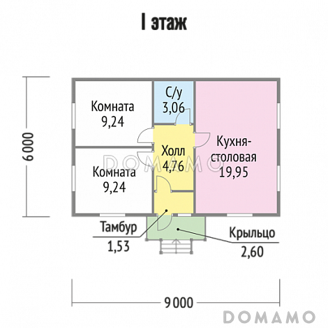 Проект одноэтажного дома 6х9 из клееного бруса / План 1 этажа