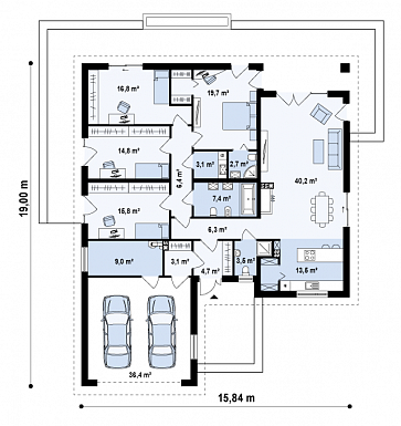 Проект одноэтажного дома из газобетона с просторной гостиной и гаражом на два автомобиля / План 1 этажа