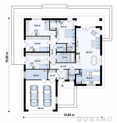 Проект одноэтажного дома из газобетона с просторной гостиной и гаражом на два автомобиля / План 1 этажа
