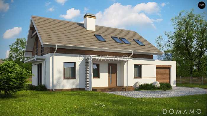 Проект одноэтажного мансардного дома из кирпича с дополнительной спальней на первом этаже и гаражом