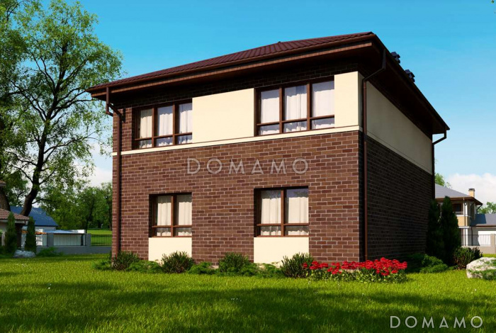 Проект современного двухэтажного дома из кирпича с четырьмя спальнями и кабинетом, без гаража