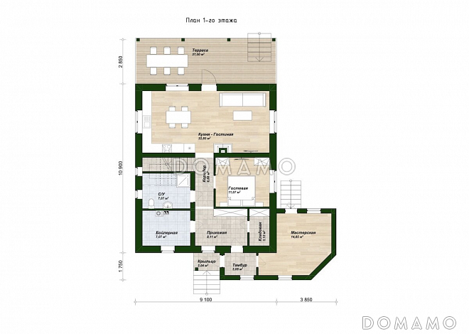 Проект двухэтажного дома с 5 спальнями, террасой, пристроенной мастерской и люкарной с балконом / План 1 этажа