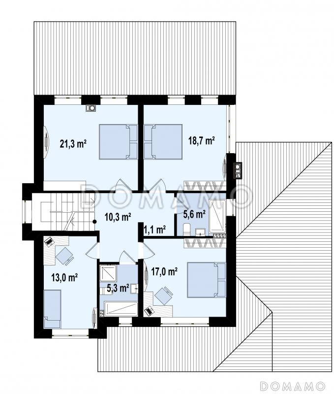 Проект современного двухэтажного дома из кирпича с пятью комнатами, гаражом и крытой террасой / План 2 этажа