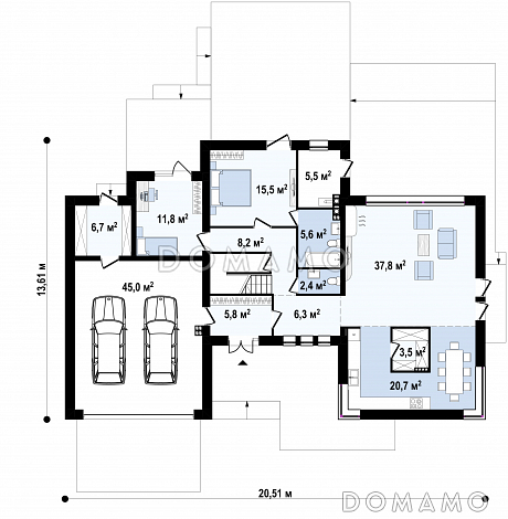 Проект двухэтажного дома с подвалом, гаражом, кладовой в центре кухонной зоны / План 1 этажа