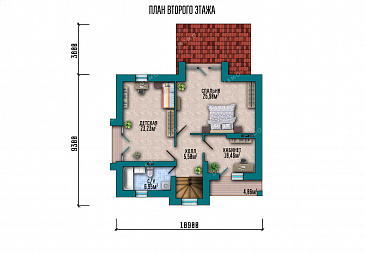 Проект дома с мансардой, светлым панорамным окном на два этажа и навесом для автомобиля / План мансардного этажа