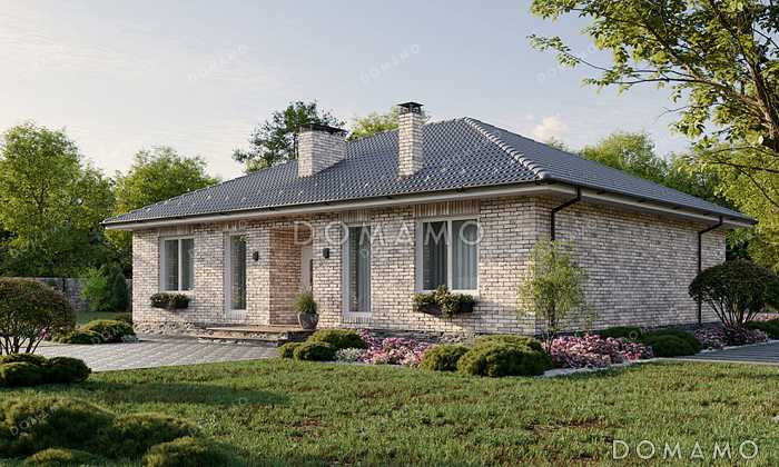 Проект дома с тремя спальнями, окном в ванной комнате и террасой рядом с гостиной