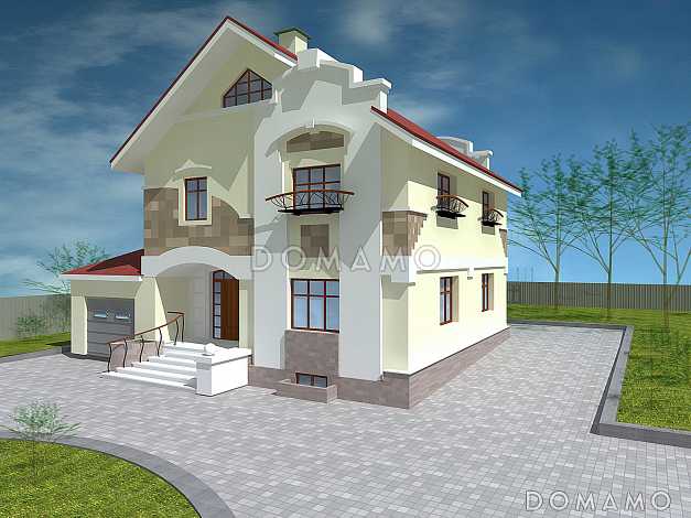 Проект дома из пеноблоков с цокольным этажом, гаражом, тремя спальнями и гостевой  комнатой на первом этаже