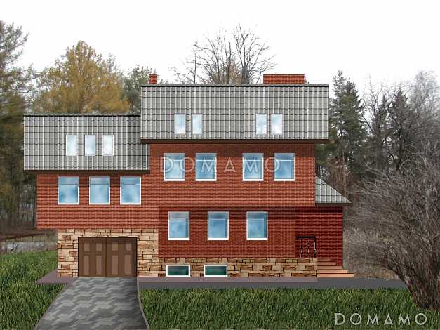 Проект двухэтажного дома с цокольным и мансардным этажами, с сауной и гаражом