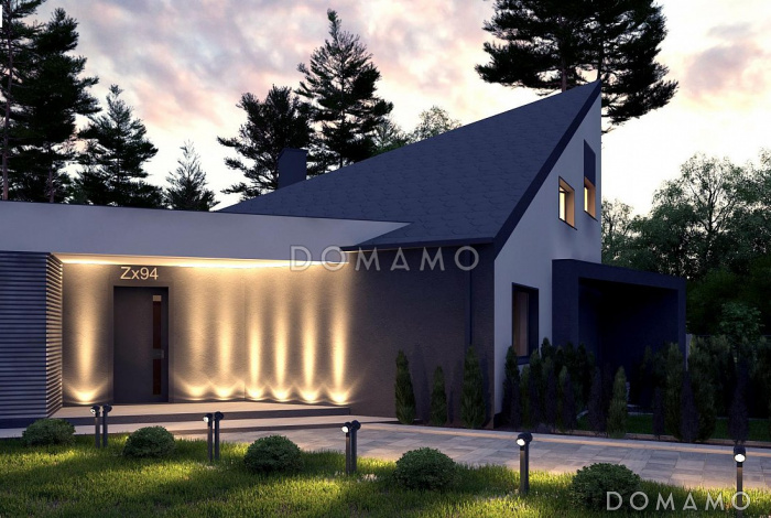 Проект современного одноэтажного дома из кирпича с односкатной крышей, вторым светом и гаражом