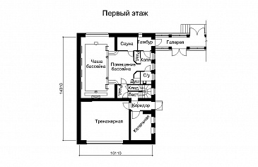 Проект отдельностоящего бассейна с жилыми комнатами на мансардном этаже / План 1 этажа