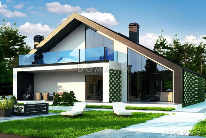 Проект современного одноэтажного мансардного дома с двухскатной крышей из газобетона с четырьмя комнатами и гаражом