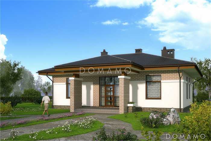 Проект одноэтажного дома из SIP панелей с панорамным окном на крытую террасу