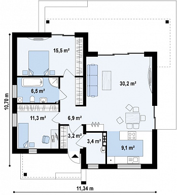 Проект небольшого современного одноэтажного дома из газобетона с двумя спальнями и красивой террасой / План 1 этажа