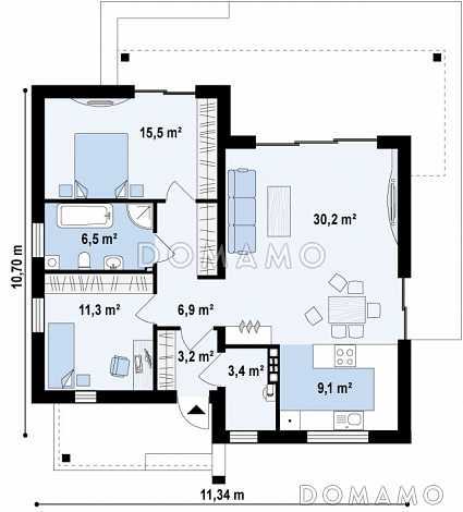 Проект небольшого современного одноэтажного дома из газобетона с двумя спальнями и красивой террасой / План 1 этажа