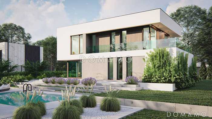 Проект комфортного загородного дома с гаражом на две машины, светлой гостиной, террасой, балконом