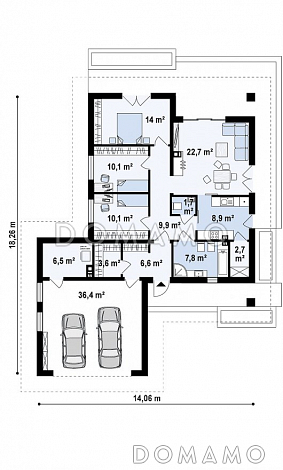 Проект комфортного одноэтажного дома из газобетона с гаражом, тремя спальнями и изолированной кухней / План 1 этажа