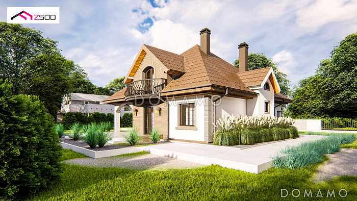 Проект мансардного дома из газобетона с тремя спальнями, кабинетом и красивыми балкончиками