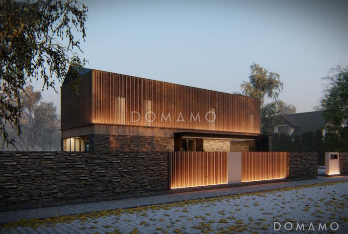 Проект стильного двухэтажного дома с гаражом, кладовой, гардеробной в прихожей, кабинетом, хозяйской спальней