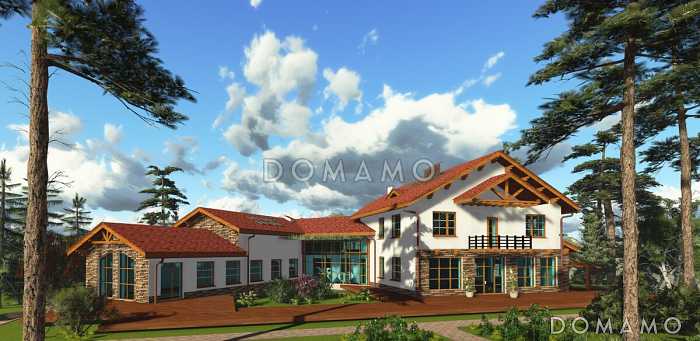 Проект большого двухэтажного дома с цокольным этажом, гаражом на три автомобиля, бассейном и зимним садом