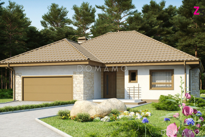 Проект одноэтажного дома с эркером и гаражом из газобетона со свободной планировкой мансардного этажа 