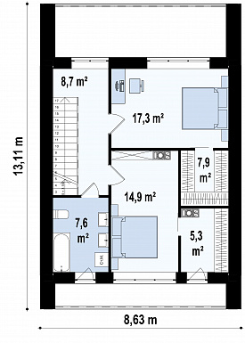 Проект современного двухэтажного дома из газобетона с кабинетом для узкого участка / План 2 этажа