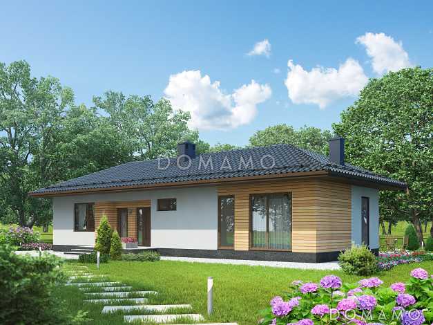 Проект одноэтажного дома из SIP панелей с большими окнами в гостиной