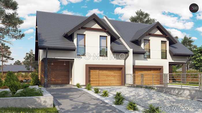 Проект мансардных домов-близнецов из газобетона с гаражом и французскими балконами