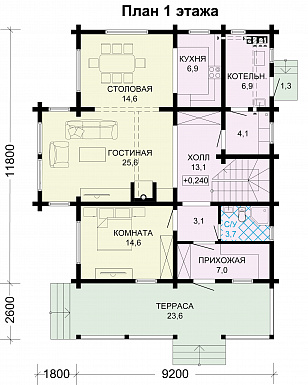 Проект дома из бруса с большой крытой террасой / План 1 этажа