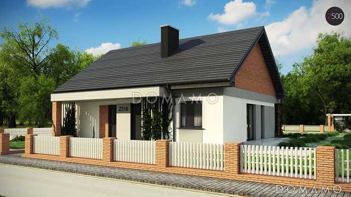 Проект простого уютного одноэтажного дома из кирпича с тремя спальнями и возможностью обустройства мансарды