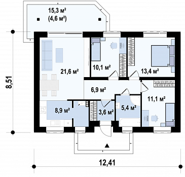 Проект одноэтажного кирпичного дома с просторной гостиной и 3 спальнями / План 1 этажа