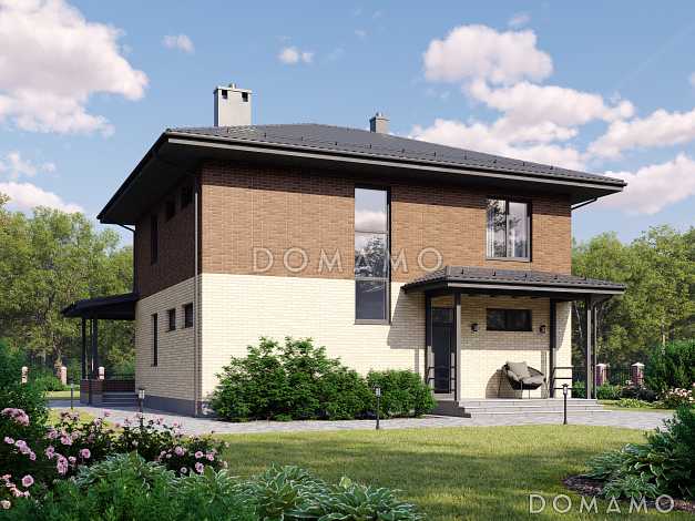 Проект двухэтажного дома с крытой террасой, кабинетом и 4 спальнями