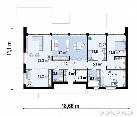 Проект одноэтажного дома простой формы с ванной с окном, кабинетом, просторными гостиной и кухней-столовой / План 1 этажа