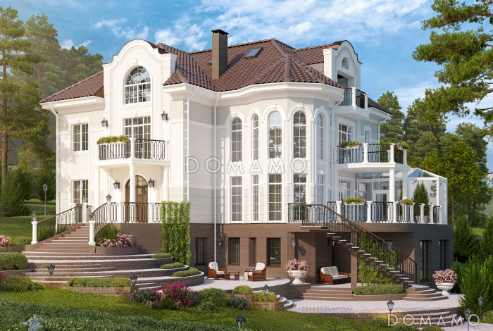 Проект семейного родового дома с террасой, балконами, кабинетами, спортивным залом, сауной