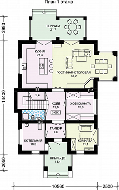 Проект двухэтажного особняка из газобетона с мансардой, балконом и террасой / План 1 этажа