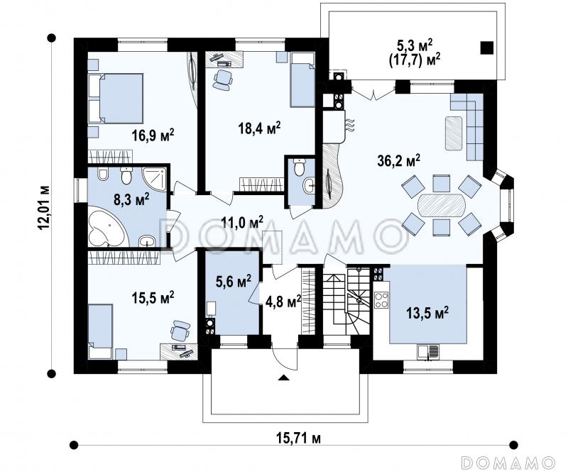 Проект одноэтажного дома с техническими помещениями в подвале, эркером в гостиной, тремя спальнями / План 1 этажа