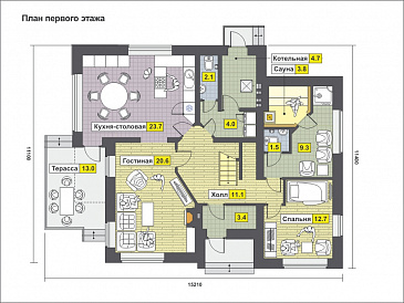Загородный дом из СИП панелей с кухней-столовой, сауной, спальней на первом этаже, террасой / План 1 этажа