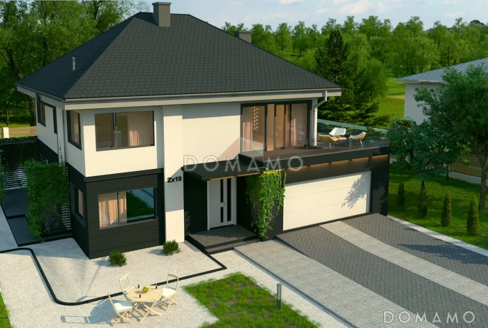 Проект кирпичного двухэтажного дома с гаражом, мастер-спальней и террасой на втором этаже