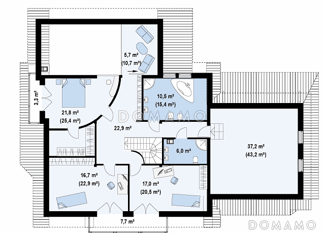Проект просторного одноэтажного мансардного дома из газобетона с пятью комнатами, балконом и гаражом / План мансардного этажа
