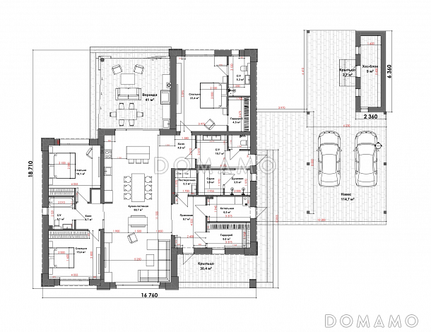 Проект дома из газобетона с верандой, сауной и двухместным автонавесом / План 1 этажа